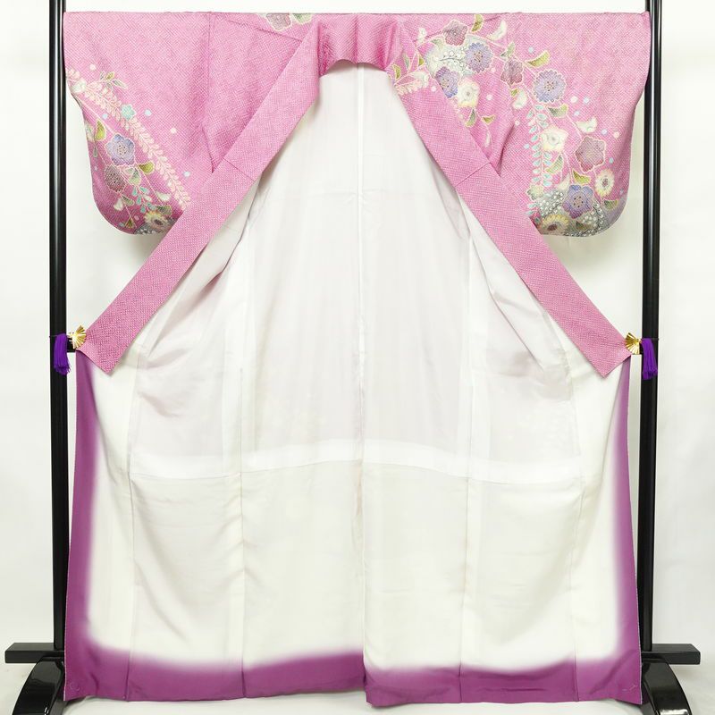 訪問着 美品 しつけ糸付き 絞り 総絞り 正絹 花柄 袷仕立て 身丈167.5cm 裄丈68.5cm リサイクル着物 着物 箔 入学式 結婚式 パーティー フォーマル 華やか 紫・藤色_画像3
