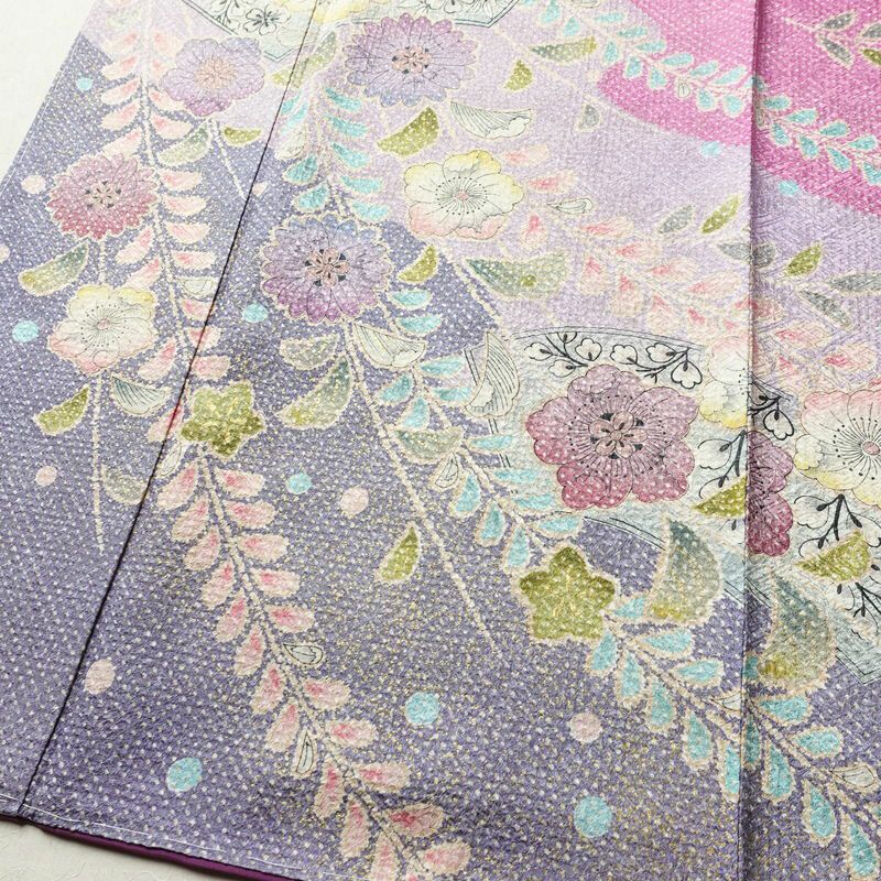 訪問着 美品 しつけ糸付き 絞り 総絞り 正絹 花柄 袷仕立て 身丈167.5cm 裄丈68.5cm リサイクル着物 着物 箔 入学式 結婚式 パーティー フォーマル 華やか 紫・藤色_画像4