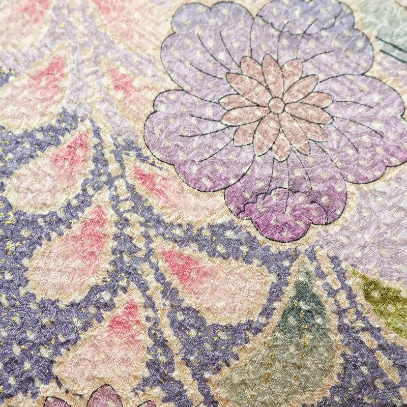 訪問着 美品 しつけ糸付き 絞り 総絞り 正絹 花柄 袷仕立て 身丈167.5cm 裄丈68.5cm リサイクル着物 着物 箔 入学式 結婚式 パーティー フォーマル 華やか 紫・藤色_画像10