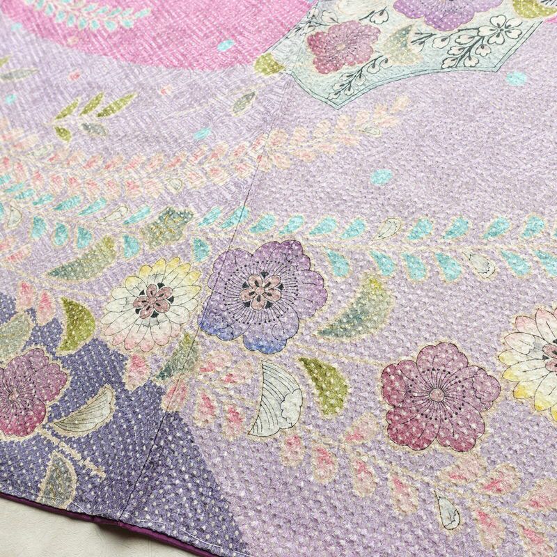 訪問着 美品 しつけ糸付き 絞り 総絞り 正絹 花柄 袷仕立て 身丈167.5cm 裄丈68.5cm リサイクル着物 着物 箔 入学式 結婚式 パーティー フォーマル 華やか 紫・藤色_画像12