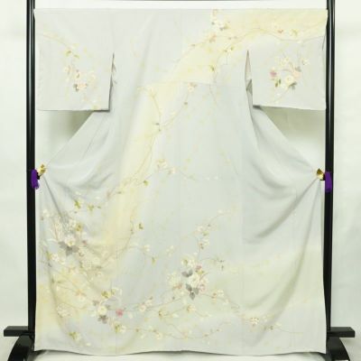 訪問着 良品 しつけ糸付き 縮緬 正絹 花柄 袷仕立て 身丈166cm 裄丈68cm リサイクル着物 着物 入学式 卒業式 七五三 お宮参り フォーマル 上品 青・紺