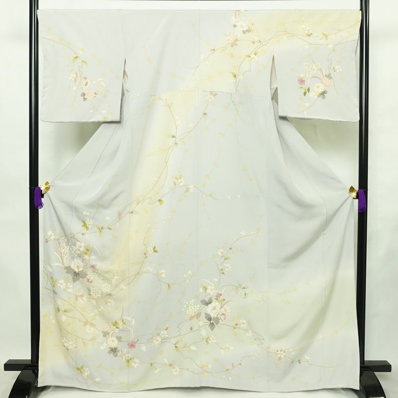 訪問着 良品 しつけ糸付き 縮緬 正絹 花柄 袷仕立て 身丈166cm 裄丈68cm リサイクル着物 着物 入学式 卒業式 七五三 お宮参り フォーマル 上品 青・紺_画像1