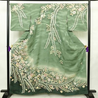 訪問着 辻が花 落款入り 縮緬 絞り 正絹 花柄 袷仕立て 身丈162cm 裄丈