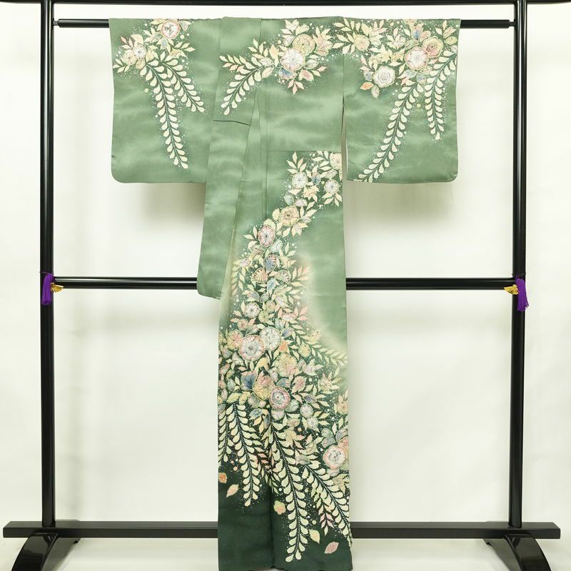 訪問着 良品 辻が花 落款入り 絞り 正絹 花柄 袷仕立て 身丈161.5cm 裄丈67.5cm リサイクル着物 着物 結婚式 パーティー フォーマル 華やか 緑・うぐいす色_画像2
