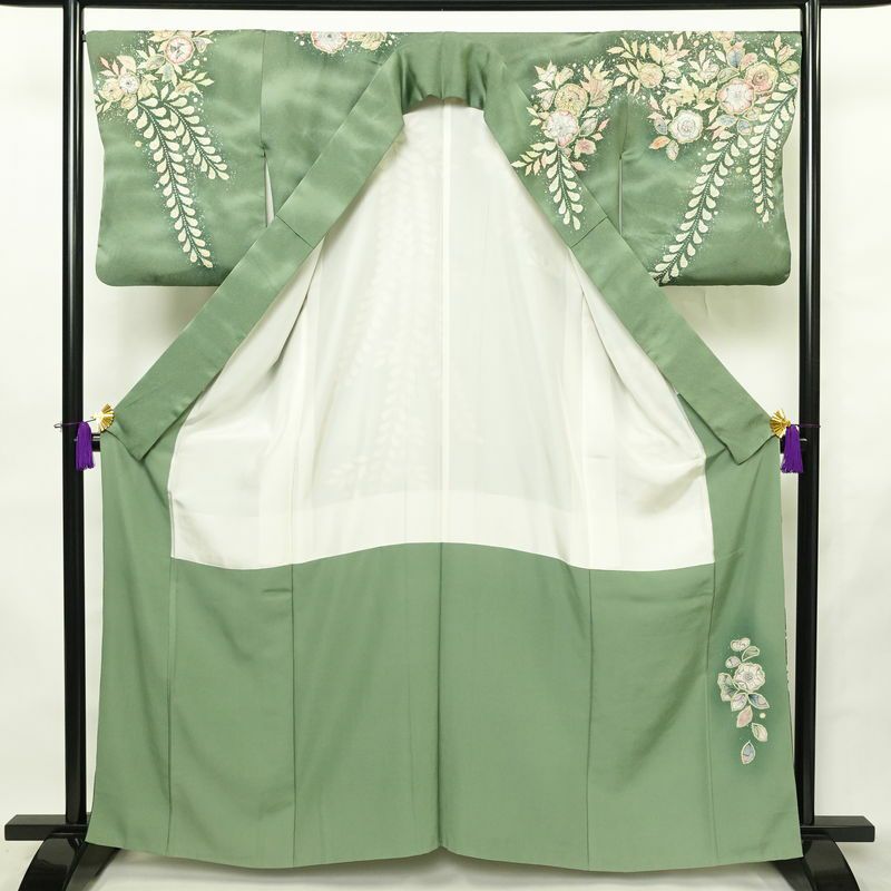 訪問着 良品 辻が花 落款入り 絞り 正絹 花柄 袷仕立て 身丈161.5cm 裄丈67.5cm リサイクル着物 着物 結婚式 パーティー フォーマル 華やか 緑・うぐいす色_画像3