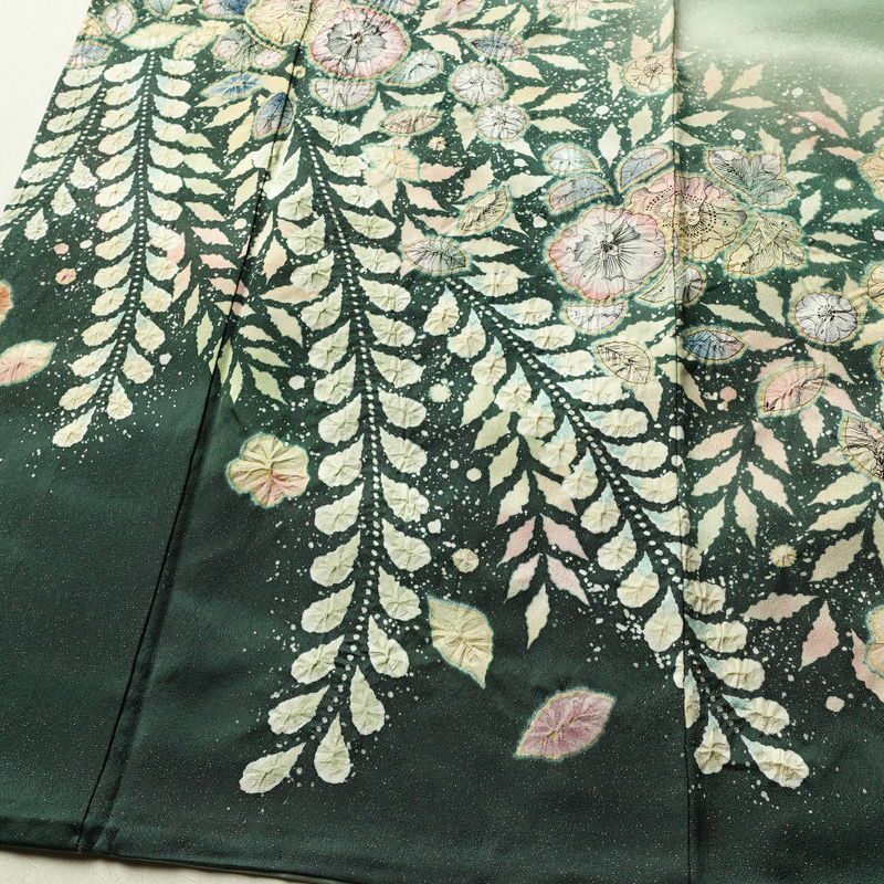 訪問着 良品 辻が花 落款入り 絞り 正絹 花柄 袷仕立て 身丈161.5cm 裄丈67.5cm リサイクル着物 着物 結婚式 パーティー フォーマル 華やか 緑・うぐいす色_画像4