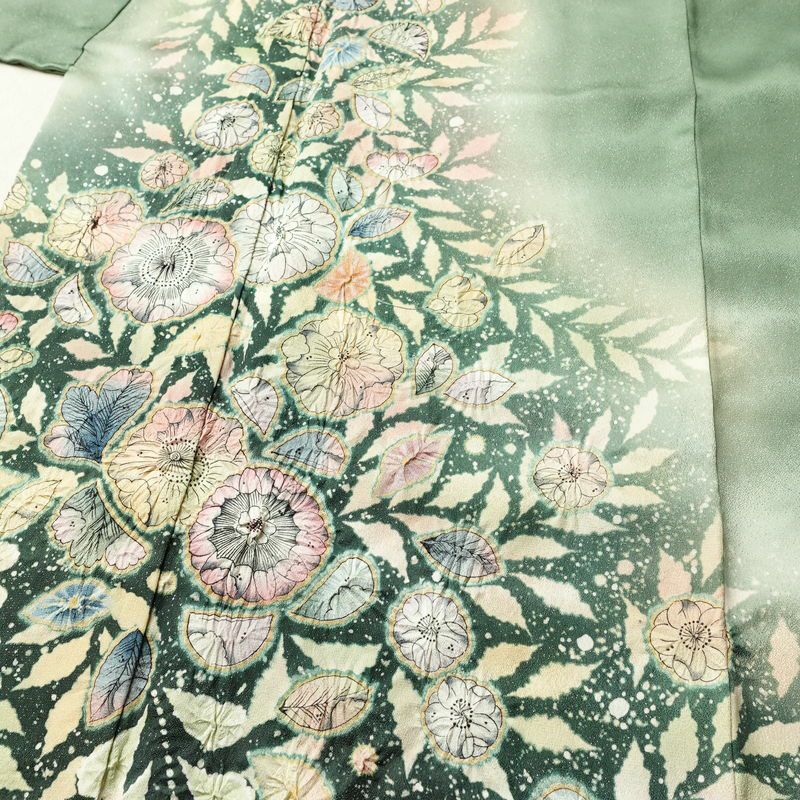 訪問着 良品 辻が花 落款入り 絞り 正絹 花柄 袷仕立て 身丈161.5cm 裄丈67.5cm リサイクル着物 着物 結婚式 パーティー フォーマル 華やか 緑・うぐいす色_画像5