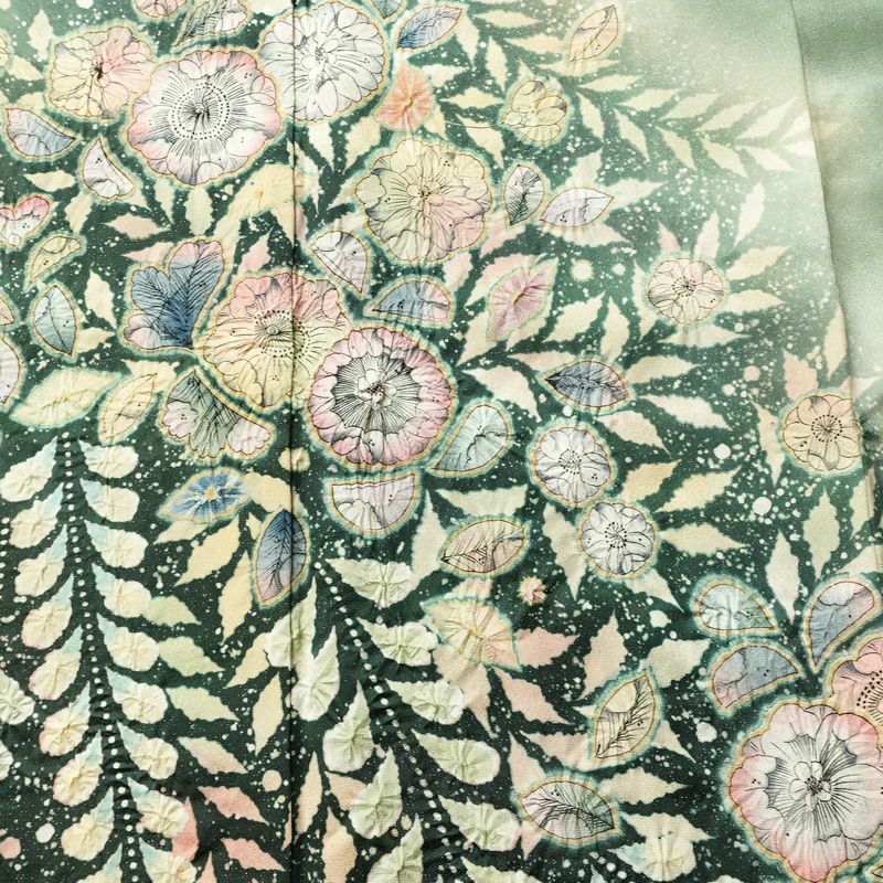 訪問着 良品 辻が花 落款入り 絞り 正絹 花柄 袷仕立て 身丈161.5cm 裄丈67.5cm リサイクル着物 着物 結婚式 パーティー フォーマル 華やか 緑・うぐいす色_画像6