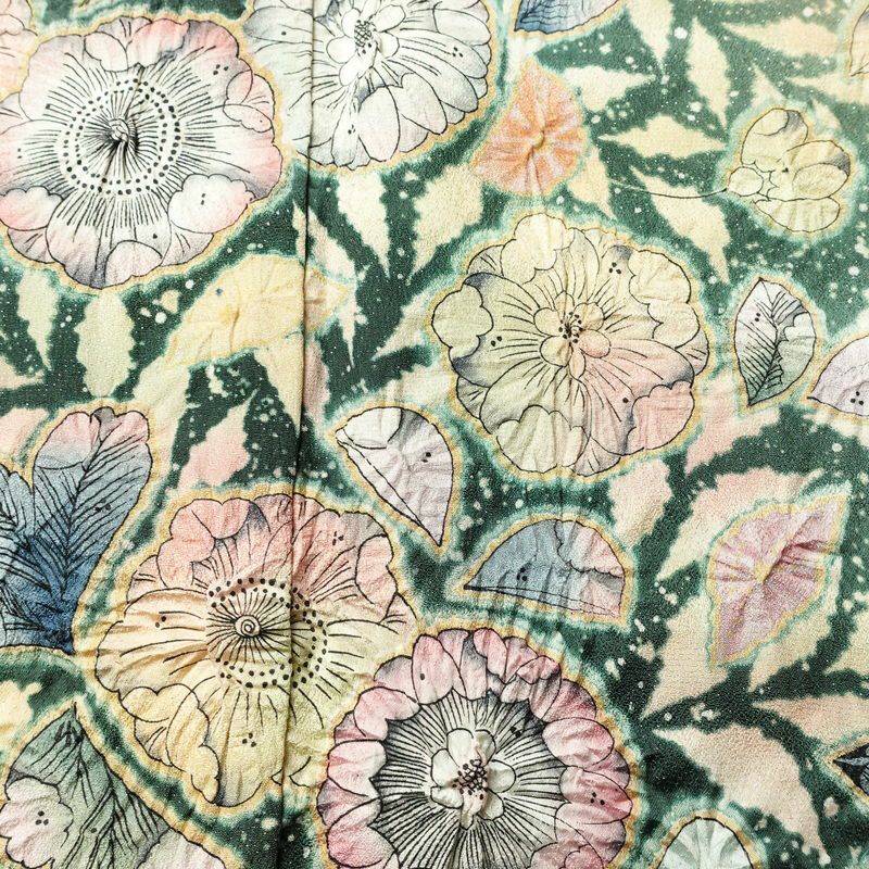 訪問着 良品 辻が花 落款入り 絞り 正絹 花柄 袷仕立て 身丈161.5cm 裄丈67.5cm リサイクル着物 着物 結婚式 パーティー フォーマル 華やか 緑・うぐいす色_画像7