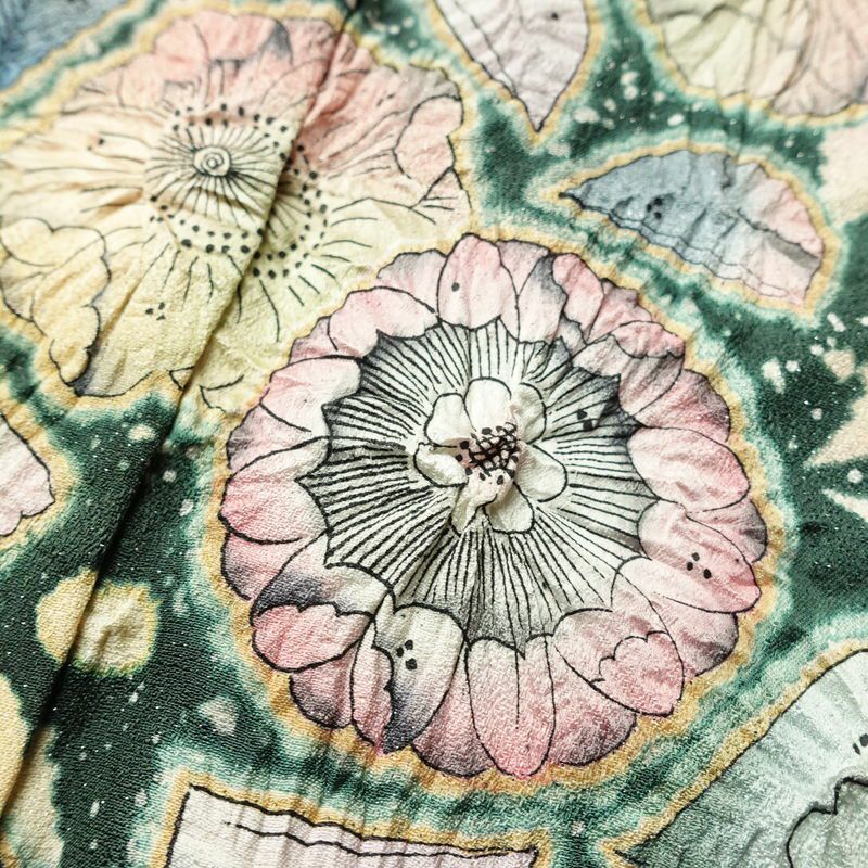 訪問着 良品 辻が花 落款入り 絞り 正絹 花柄 袷仕立て 身丈161.5cm 裄丈67.5cm リサイクル着物 着物 結婚式 パーティー フォーマル 華やか 緑・うぐいす色_画像8