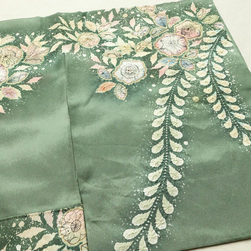 訪問着 良品 辻が花 落款入り 絞り 正絹 花柄 袷仕立て 身丈161.5cm 裄丈67.5cm リサイクル着物 着物 結婚式 パーティー フォーマル 華やか 緑・うぐいす色_画像14