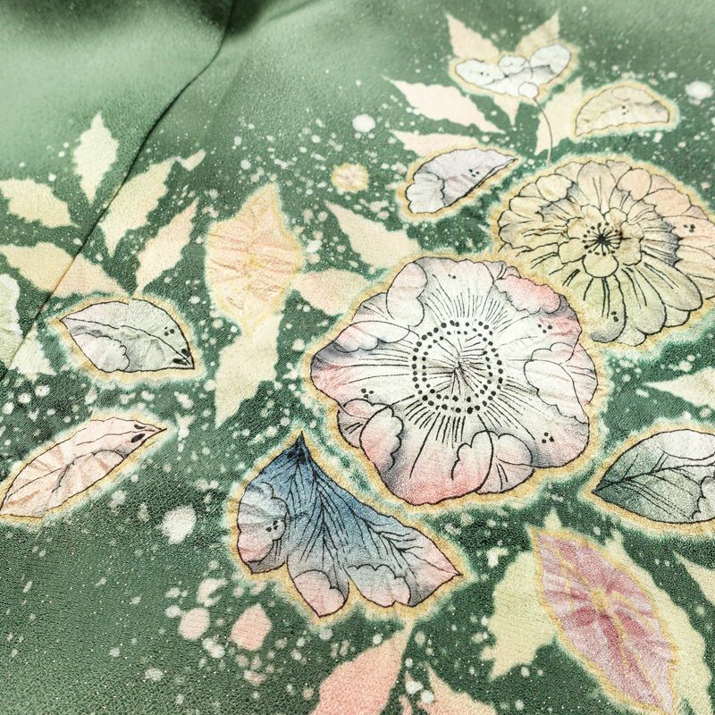 訪問着 良品 辻が花 落款入り 絞り 正絹 花柄 袷仕立て 身丈161.5cm 裄丈67.5cm リサイクル着物 着物 結婚式 パーティー フォーマル 華やか 緑・うぐいす色_画像18
