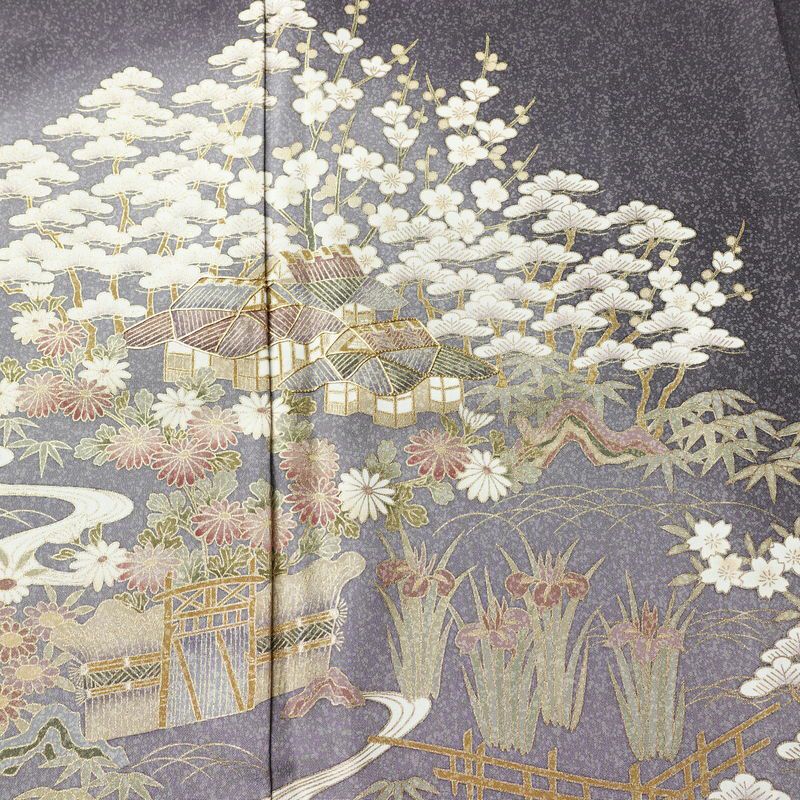 訪問着 良品 金駒刺繍 正絹 風景柄 袷仕立て 身丈166cm 裄丈68cm リサイクル着物 着物 箔 金彩 入学式 卒業式 七五三 お宮参り フォーマル 上品 紫・藤色_画像6