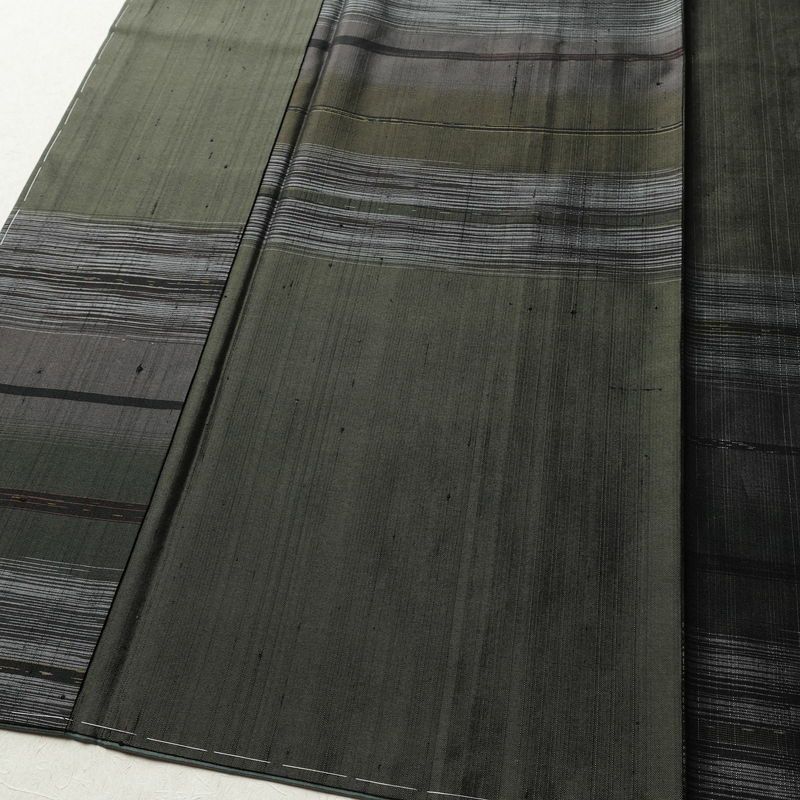 紬 付下 美品 しつけ糸付き 正絹 縞柄・線柄 袷仕立て 身丈159cm 裄丈66cm リサイクル着物 着物 シンプル おしゃれ 緑・うぐいす色_画像4