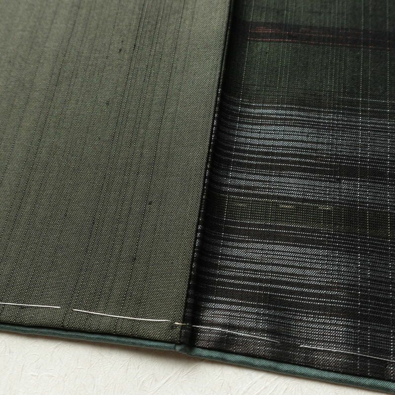 紬 付下 美品 しつけ糸付き 正絹 縞柄・線柄 袷仕立て 身丈159cm 裄丈66cm リサイクル着物 着物 シンプル おしゃれ 緑・うぐいす色_画像13