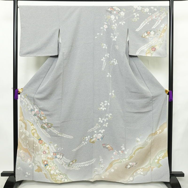 訪問着 良品 しつけ糸付き 縮緬 正絹 古典柄 袷仕立て 絞り 身丈163.5cm 裄丈67cm リサイクル着物 着物 箔 共八掛 入学式 卒業式 結婚式 七五三 お宮参り フォーマル 青・紺_画像1