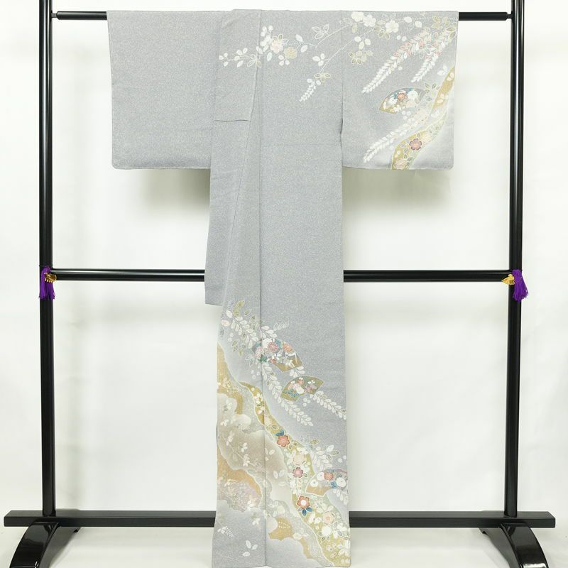 訪問着 良品 しつけ糸付き 縮緬 正絹 古典柄 袷仕立て 絞り 身丈163.5cm 裄丈67cm リサイクル着物 着物 箔 共八掛 入学式 卒業式 結婚式 七五三 お宮参り フォーマル 青・紺_画像2