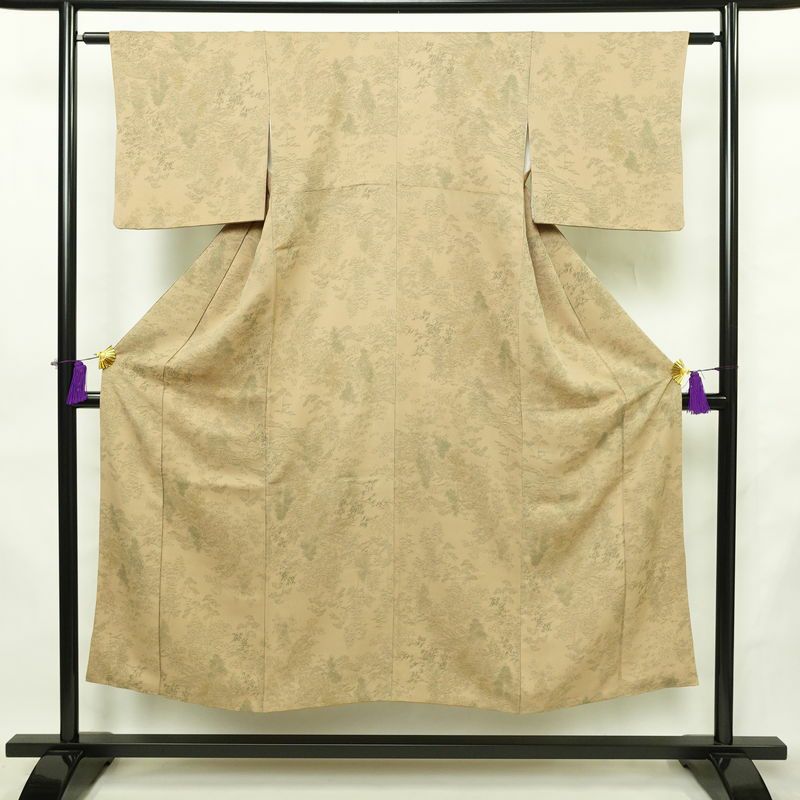 小紋 正絹 風景柄 袷仕立て 身丈147cm 裄丈61.5cm リサイクル着物 着物 ベージュ_画像1