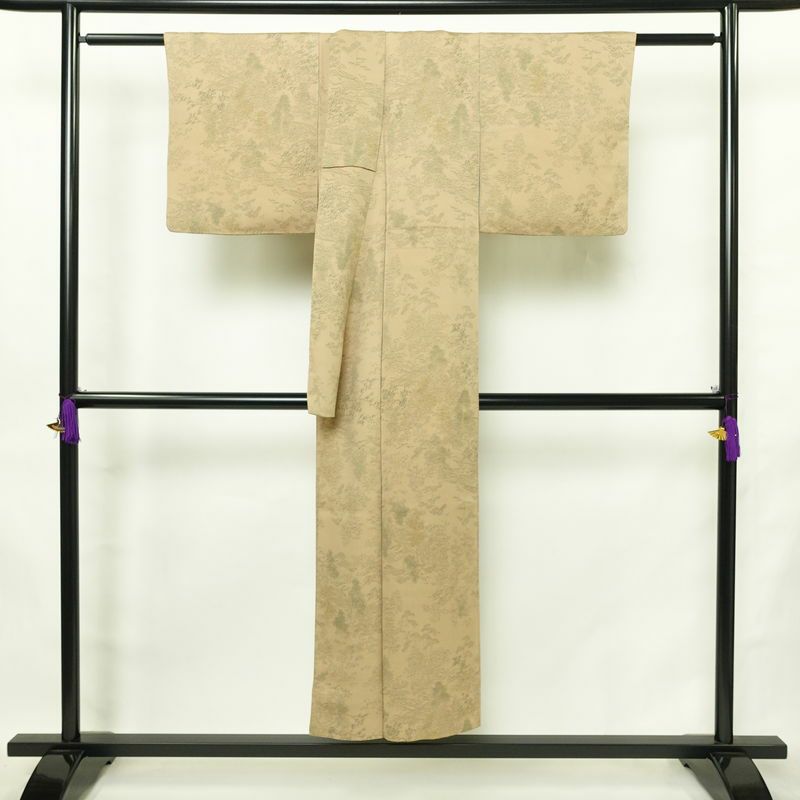 小紋 正絹 風景柄 袷仕立て 身丈147cm 裄丈61.5cm リサイクル着物 着物 ベージュ_画像2