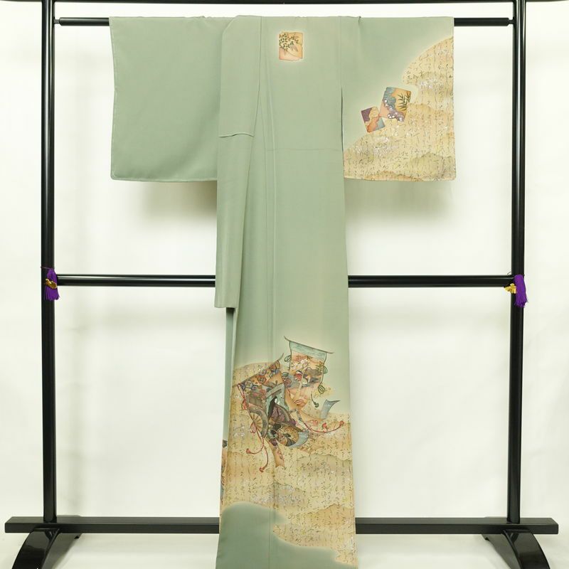 付け下げ 落款入り しつけ糸付き 一つ紋付き 正絹 人物・動物柄 袷仕立て 身丈163.5cm 裄丈66cm リサイクル着物 着物 箔 共八掛 フォーマル 緑・うぐいす色_画像2