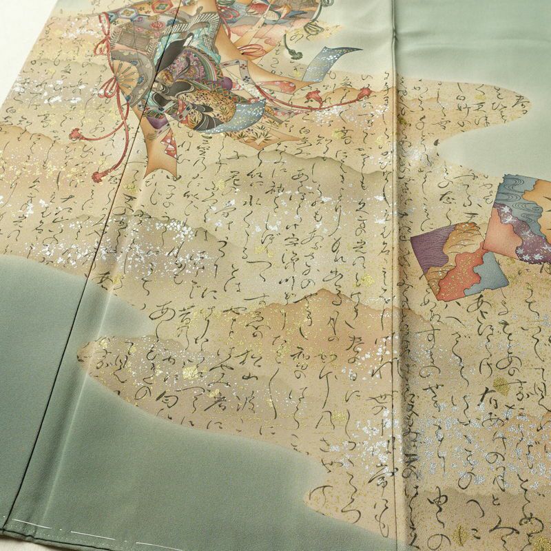 付け下げ 落款入り しつけ糸付き 一つ紋付き 正絹 人物・動物柄 袷仕立て 身丈163.5cm 裄丈66cm リサイクル着物 着物 箔 共八掛 フォーマル 緑・うぐいす色_画像4