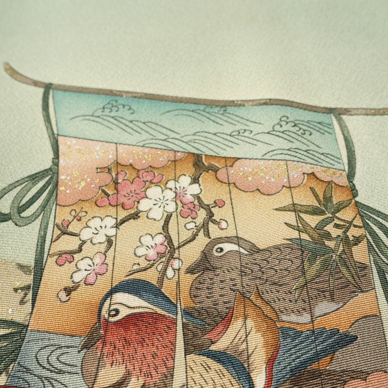 付け下げ 落款入り しつけ糸付き 一つ紋付き 正絹 人物・動物柄 袷仕立て 身丈163.5cm 裄丈66cm リサイクル着物 着物 箔 共八掛 フォーマル 緑・うぐいす色_画像7