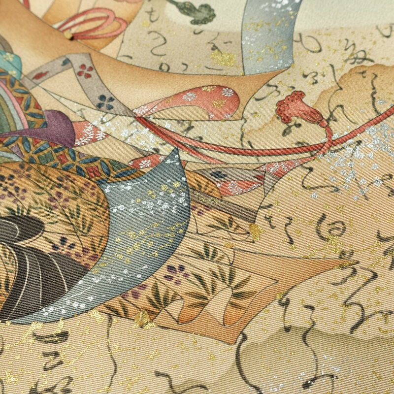 付け下げ 落款入り しつけ糸付き 一つ紋付き 正絹 人物・動物柄 袷仕立て 身丈163.5cm 裄丈66cm リサイクル着物 着物 箔 共八掛 フォーマル 緑・うぐいす色_画像9
