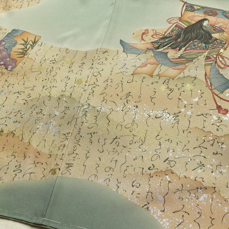 付け下げ 落款入り しつけ糸付き 一つ紋付き 正絹 人物・動物柄 袷仕立て 身丈163.5cm 裄丈66cm リサイクル着物 着物 箔 共八掛 フォーマル 緑・うぐいす色_画像11