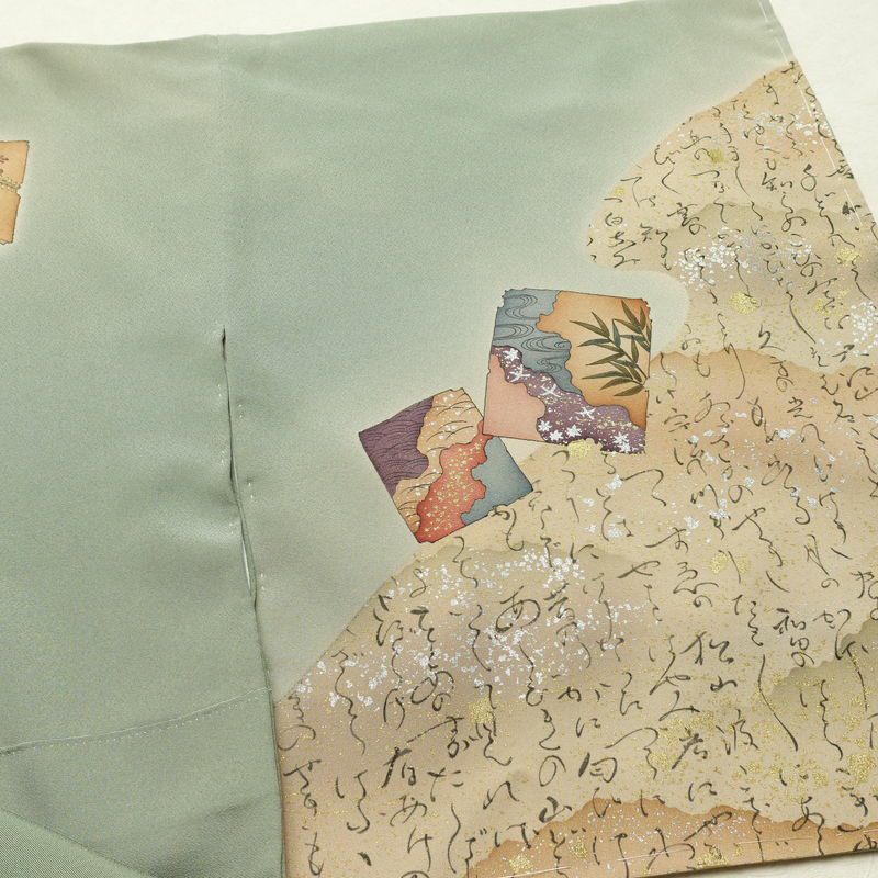 付け下げ 落款入り しつけ糸付き 一つ紋付き 正絹 人物・動物柄 袷仕立て 身丈163.5cm 裄丈66cm リサイクル着物 着物 箔 共八掛 フォーマル 緑・うぐいす色_画像14