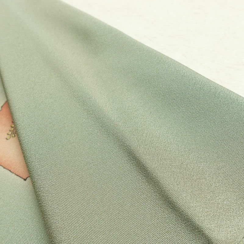 付け下げ 落款入り しつけ糸付き 一つ紋付き 正絹 人物・動物柄 袷仕立て 身丈163.5cm 裄丈66cm リサイクル着物 着物 箔 共八掛 フォーマル 緑・うぐいす色_画像16