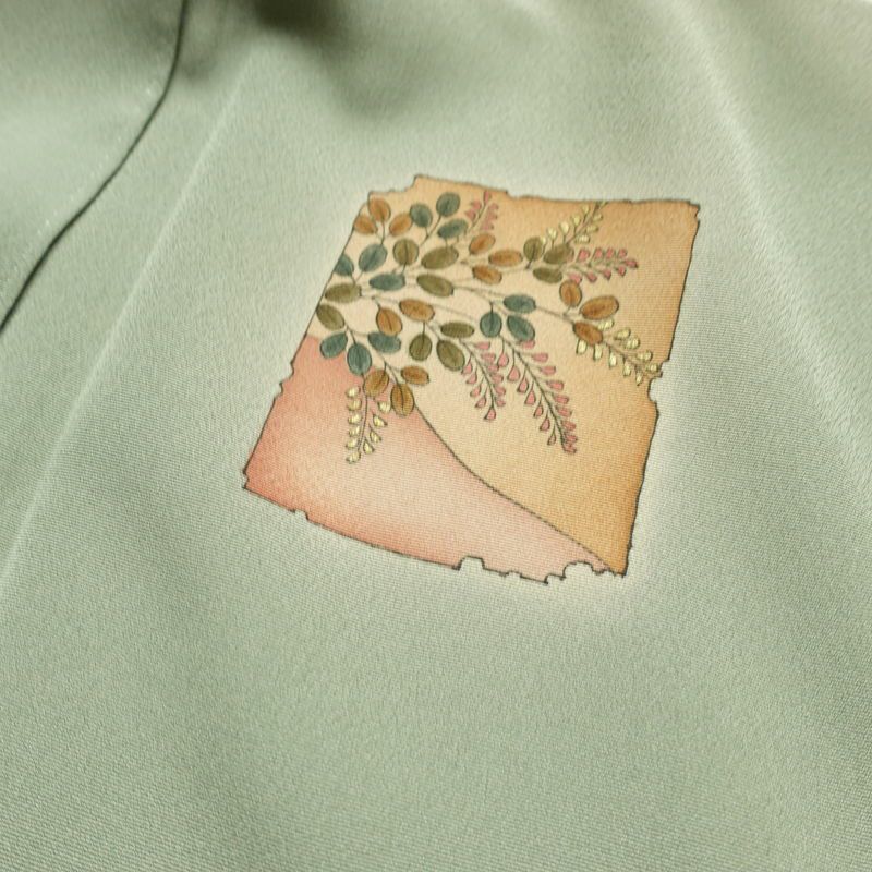 付け下げ 落款入り しつけ糸付き 一つ紋付き 正絹 人物・動物柄 袷仕立て 身丈163.5cm 裄丈66cm リサイクル着物 着物 箔 共八掛 フォーマル 緑・うぐいす色_画像19