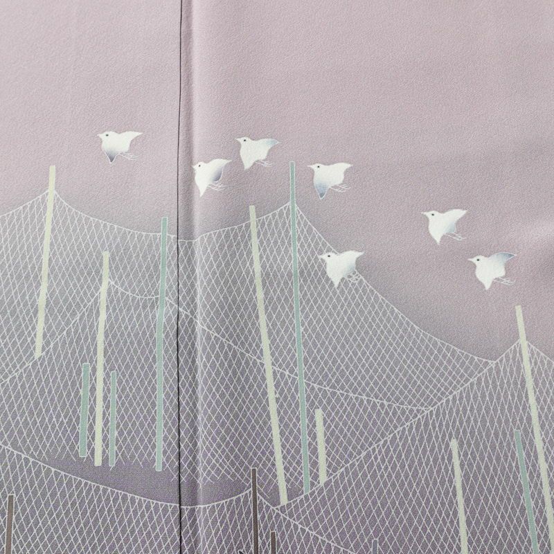 訪問着 美品 落款入り しつけ糸付き 正絹 風景柄 袷仕立て 身丈163.5cm 裄丈65cm リサイクル着物 着物 共八掛 入学式 卒業式 結婚式 七五三 お宮参り フォーマル 千鳥 紫・藤色_画像6