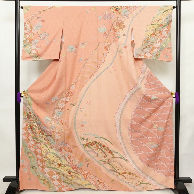 美品 単衣 小紋 辻ヶ花文様 膨れ織 とび柄 朱華色 正絹 上品 小紋 美品 辻ヶ花 華やか ふくれ織 正絹 158cm 少々ゆったり 辻が花