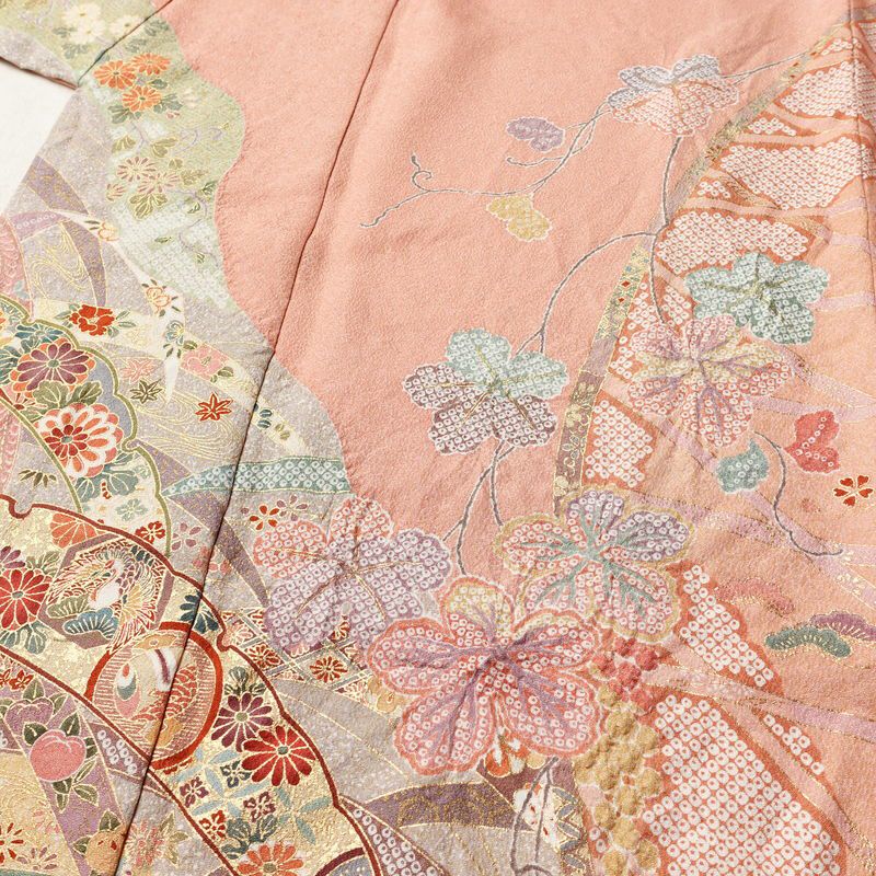 訪問着 美品 しつけ糸付き 絞り 正絹 花柄 袷仕立て 身丈167.5cm 裄丈65cm リサイクル着物 着物 刺繍 金彩 入学式 結婚式 パーティー フォーマル 絞り加工 華やか ピンク_画像5