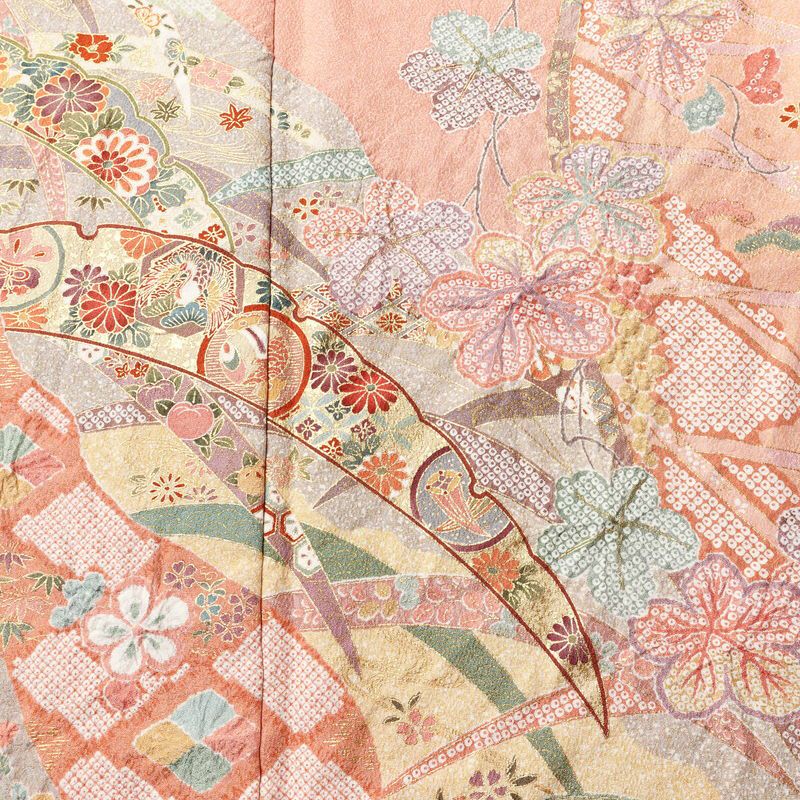 訪問着 美品 しつけ糸付き 絞り 正絹 花柄 袷仕立て 身丈167.5cm 裄丈65cm リサイクル着物 着物 刺繍 金彩 入学式 結婚式 パーティー フォーマル 絞り加工 華やか ピンク_画像6