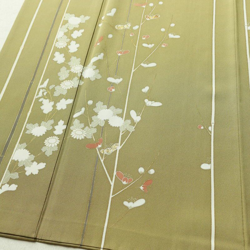 訪問着 良品 金駒刺繍 一つ紋付き 正絹 花柄 袷仕立て 身丈160.5cm 裄丈65cm リサイクル着物 着物 箔 金彩 入学式 卒業式 七五三 パーティー お宮参り フォーマル 黄・黄土色_画像4