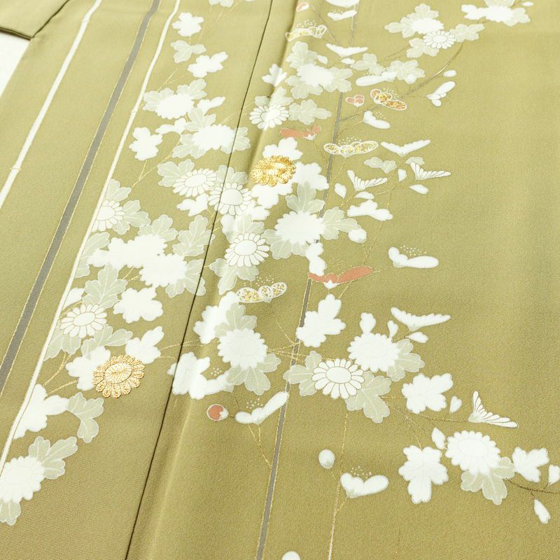訪問着 良品 金駒刺繍 一つ紋付き 正絹 花柄 袷仕立て 身丈160.5cm 裄丈65cm リサイクル着物 着物 箔 金彩 入学式 卒業式 七五三 パーティー お宮参り フォーマル 黄・黄土色_画像5