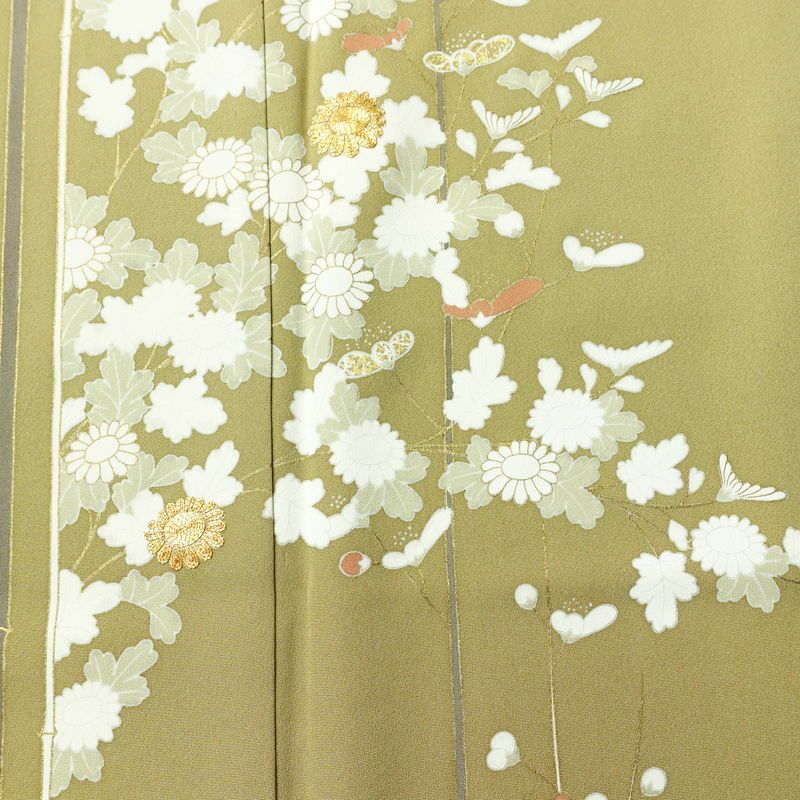 訪問着 良品 金駒刺繍 一つ紋付き 正絹 花柄 袷仕立て 身丈160.5cm 裄丈65cm リサイクル着物 着物 箔 金彩 入学式 卒業式 七五三 パーティー お宮参り フォーマル 黄・黄土色_画像6