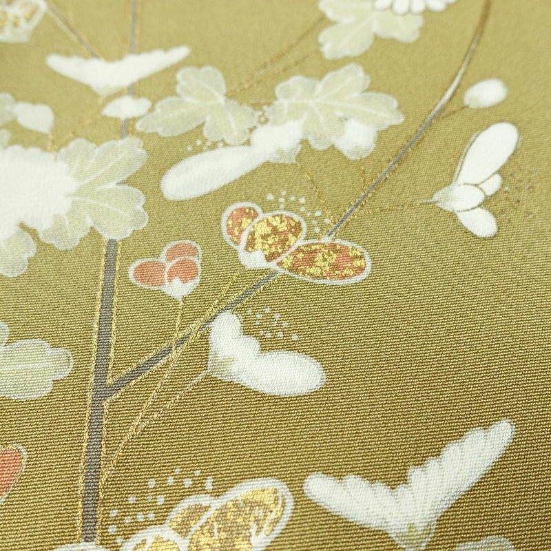 訪問着 良品 金駒刺繍 一つ紋付き 正絹 花柄 袷仕立て 身丈160.5cm 裄丈65cm リサイクル着物 着物 箔 金彩 入学式 卒業式 七五三 パーティー お宮参り フォーマル 黄・黄土色_画像10