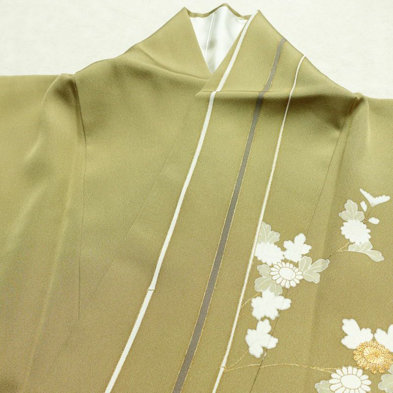 訪問着 良品 金駒刺繍 一つ紋付き 正絹 花柄 袷仕立て 身丈160.5cm 裄丈65cm リサイクル着物 着物 箔 金彩 入学式 卒業式 七五三 パーティー お宮参り フォーマル 黄・黄土色_画像18