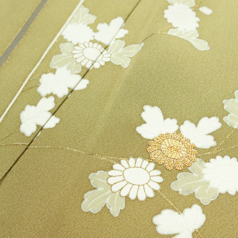 訪問着 良品 金駒刺繍 一つ紋付き 正絹 花柄 袷仕立て 身丈160.5cm 裄丈65cm リサイクル着物 着物 箔 金彩 入学式 卒業式 七五三 パーティー お宮参り フォーマル 黄・黄土色_画像19