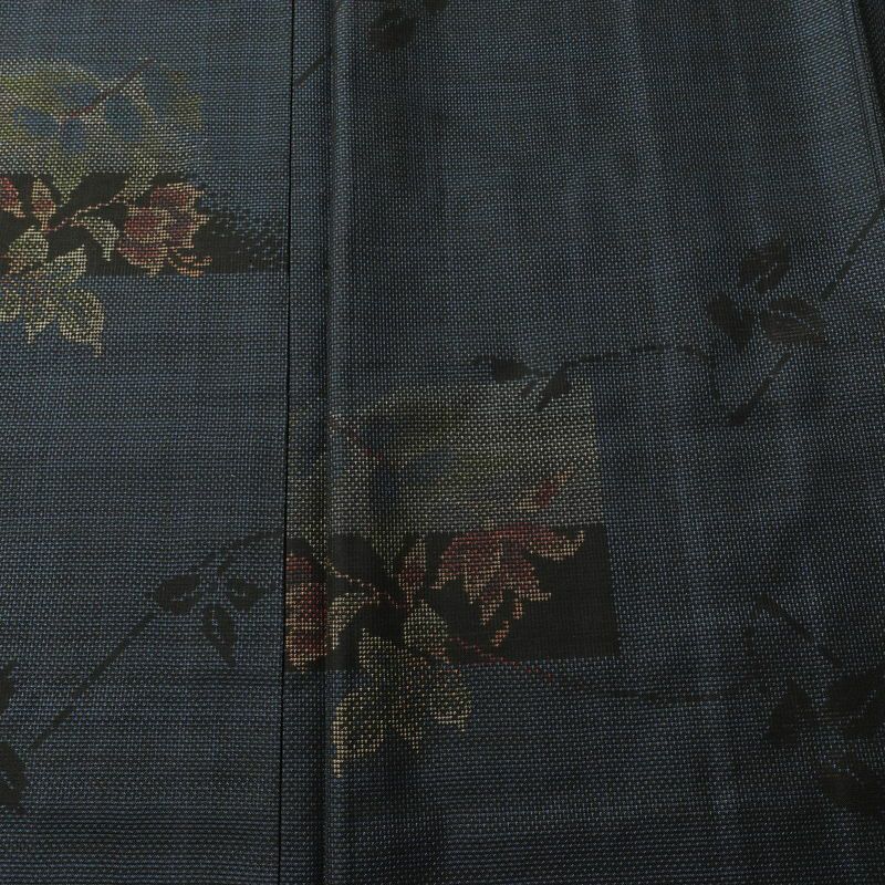 大島紬 古代染色 純泥染 良品 証紙あり しつけ糸付き 正絹 花柄 袷仕立て 身丈159cm 裄丈63cm リサイクル着物 着物 青・紺_画像6