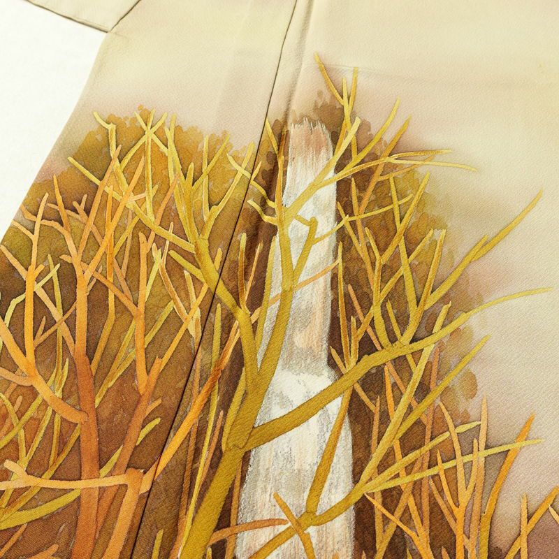 単衣 付下 一つ紋付き 正絹 木の葉・植物柄 単衣仕立て 身丈159cm 裄丈64cm リサイクル着物 着物 ぼかし シンプル ベージュ_画像5