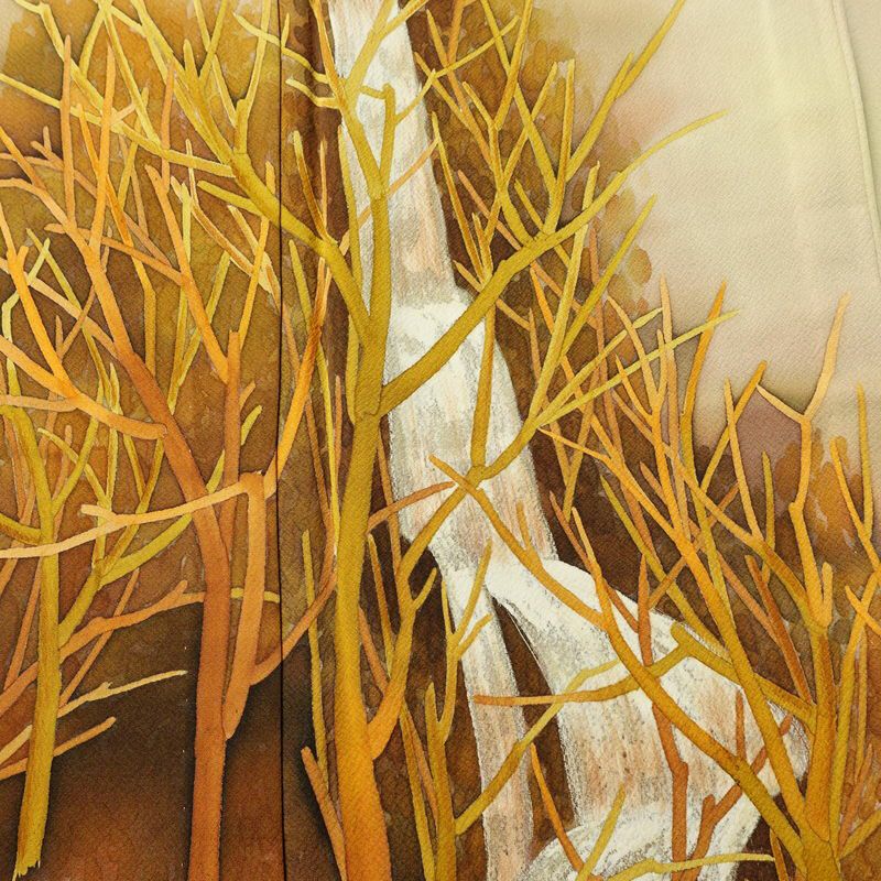 単衣 付下 一つ紋付き 正絹 木の葉・植物柄 単衣仕立て 身丈159cm 裄丈64cm リサイクル着物 着物 ぼかし シンプル ベージュ_画像6