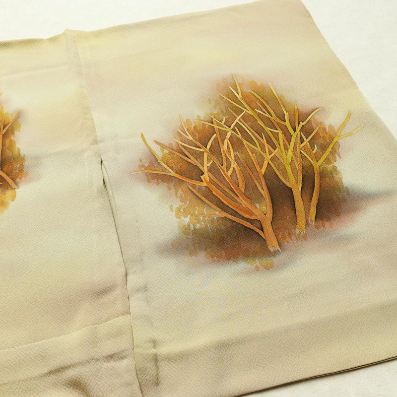 単衣 付下 一つ紋付き 正絹 木の葉・植物柄 単衣仕立て 身丈159cm 裄丈64cm リサイクル着物 着物 ぼかし シンプル ベージュ_画像16