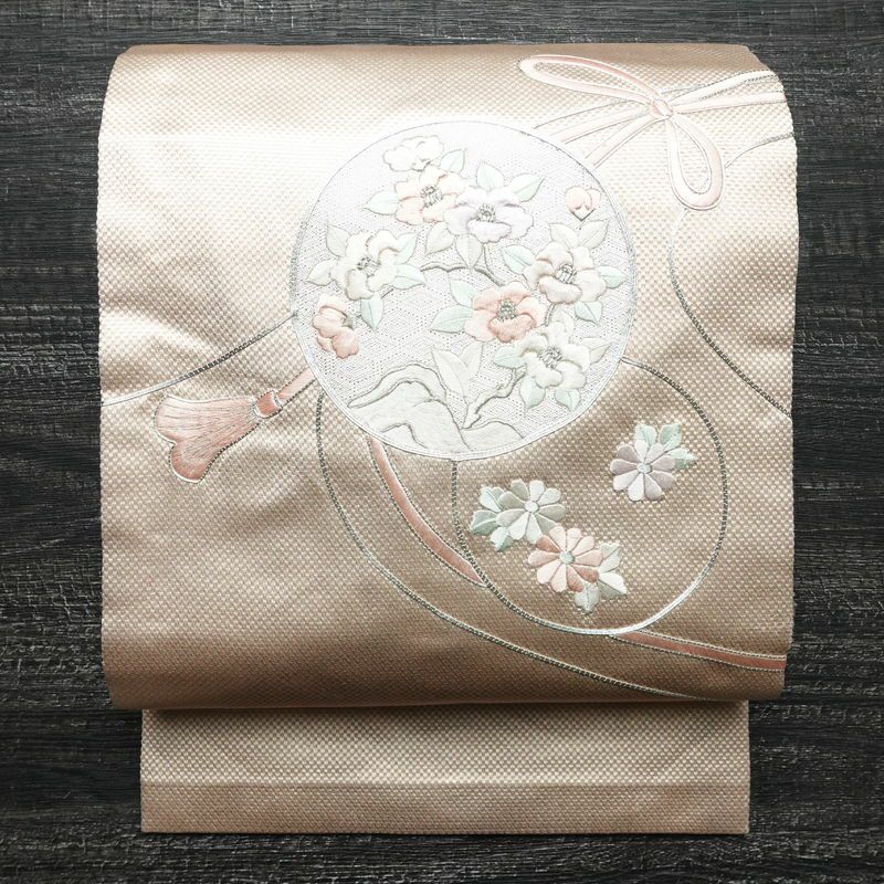 名古屋帯 太鼓柄 銀駒刺繍 正絹 花柄 名古屋仕立て 銀糸 刺繍 ピンク_画像1