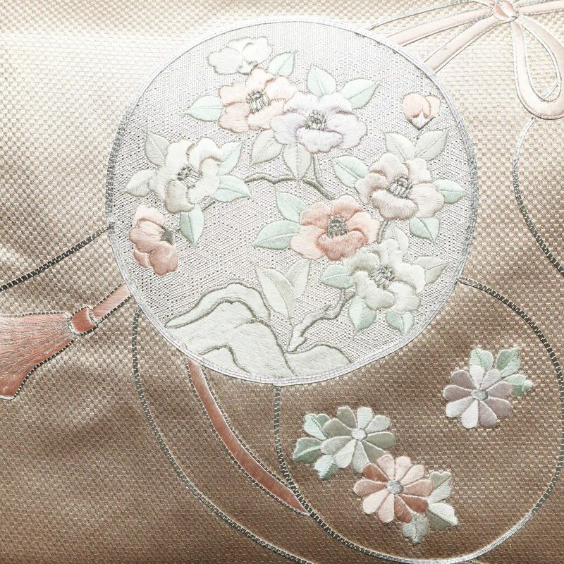 名古屋帯 太鼓柄 銀駒刺繍 正絹 花柄 名古屋仕立て 銀糸 刺繍 ピンク_画像2