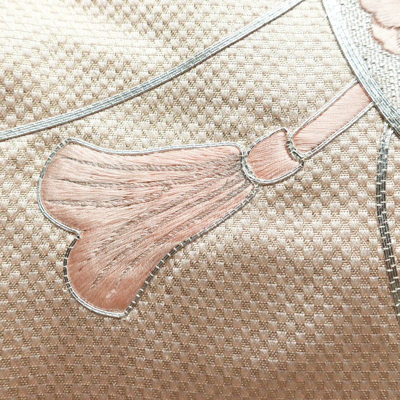 名古屋帯 太鼓柄 銀駒刺繍 正絹 花柄 名古屋仕立て 銀糸 刺繍 ピンク_画像5