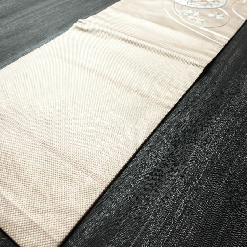 名古屋帯 太鼓柄 銀駒刺繍 正絹 花柄 名古屋仕立て 銀糸 刺繍 ピンク_画像7