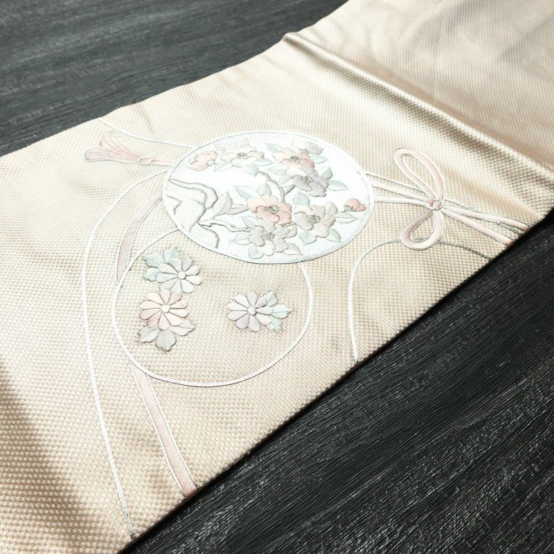 名古屋帯 太鼓柄 銀駒刺繍 正絹 花柄 名古屋仕立て 銀糸 刺繍 ピンク_画像9